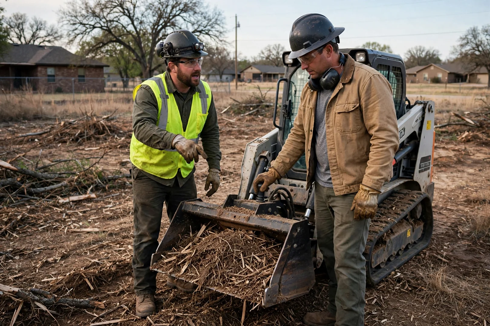 Crew clearing cedar brush and grinding stumps on a residential lot in Lawton
