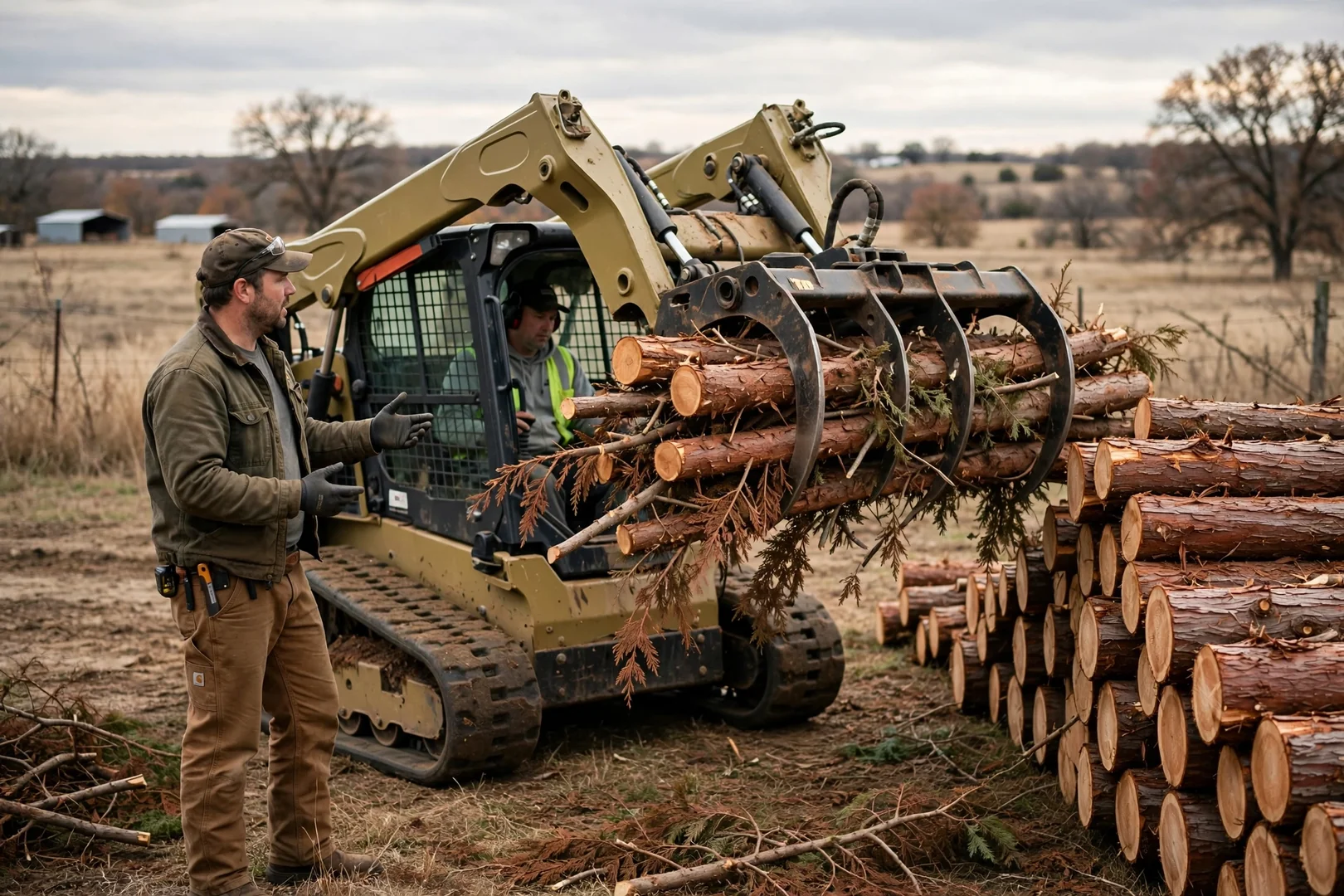 Skid steer with grapple stacking cut eastern red cedar on rural acreage