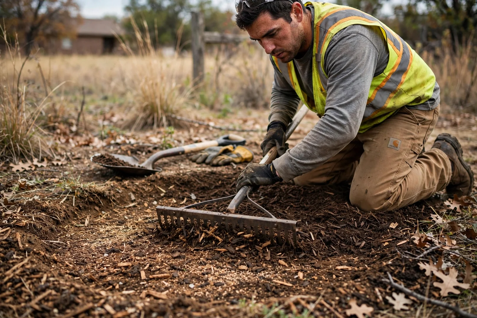 Close-up of freshly ground stump area leveled with mulch and topsoil