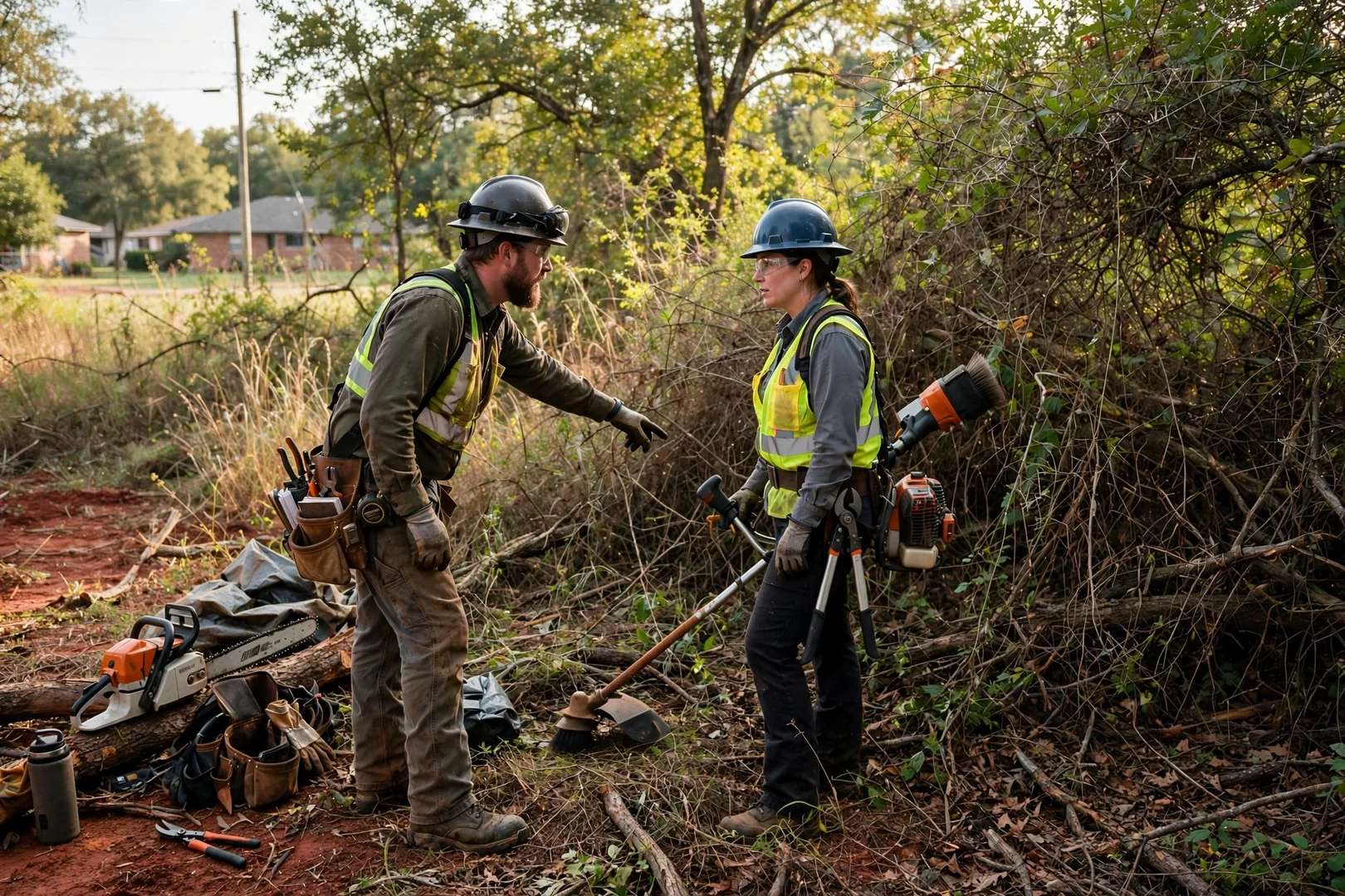 Overgrown wooded lot with dense brush before clearing work begins near Lawton