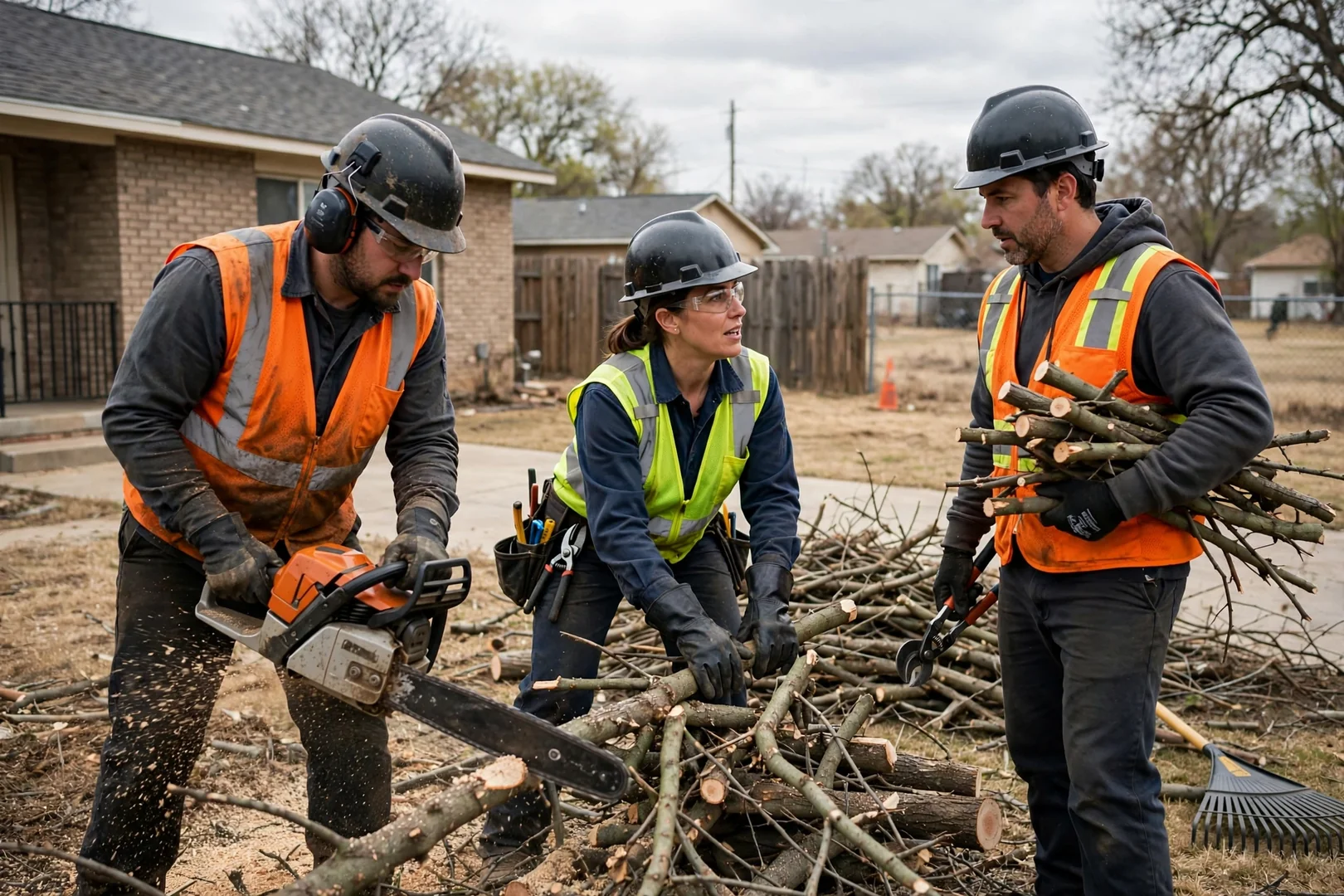 Crew removing a tree beside a fence at a Lawton home