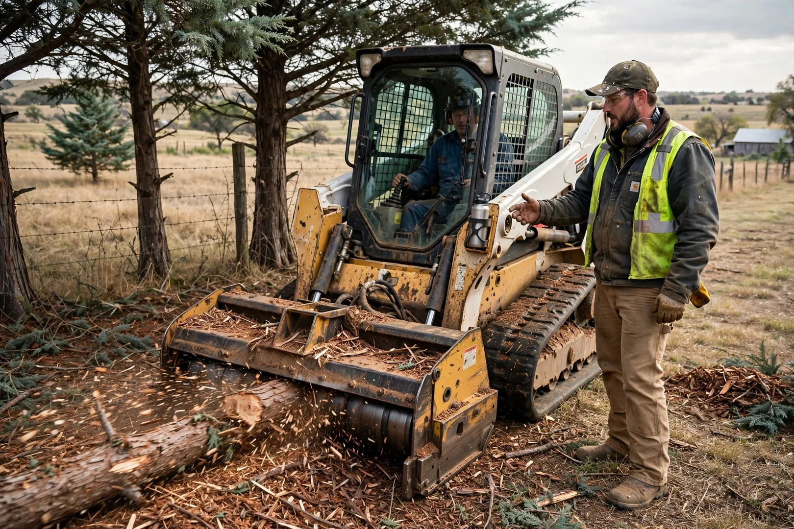 Skid steer drum mulcher grinding eastern red cedar on a pasture edge