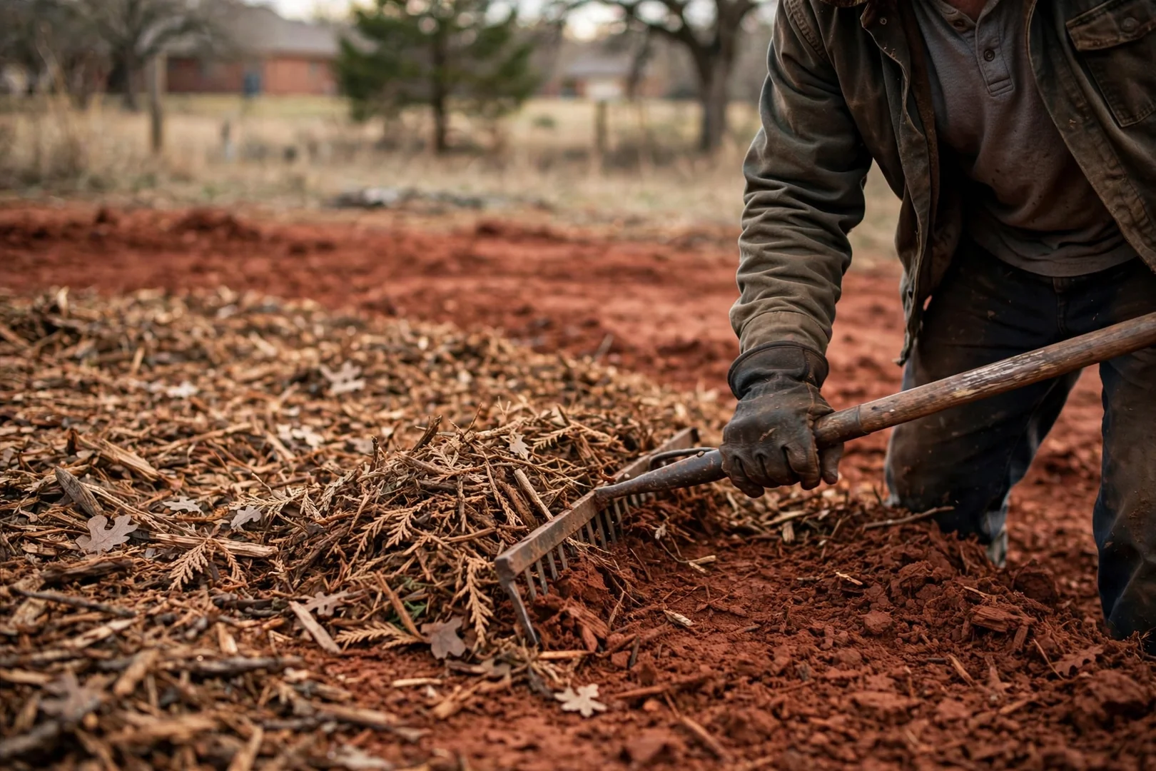 Close view of shredded cedar and oak mulch covering red clay soil