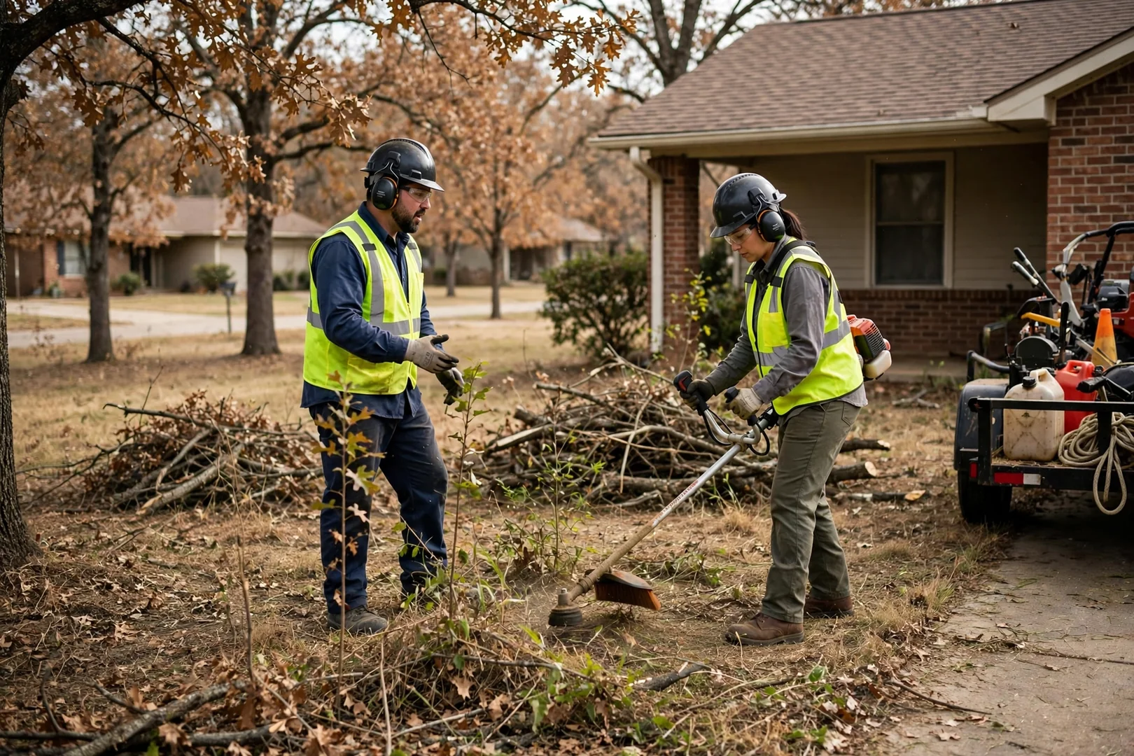 Track loader mulching cedar thicket near a Lawton home