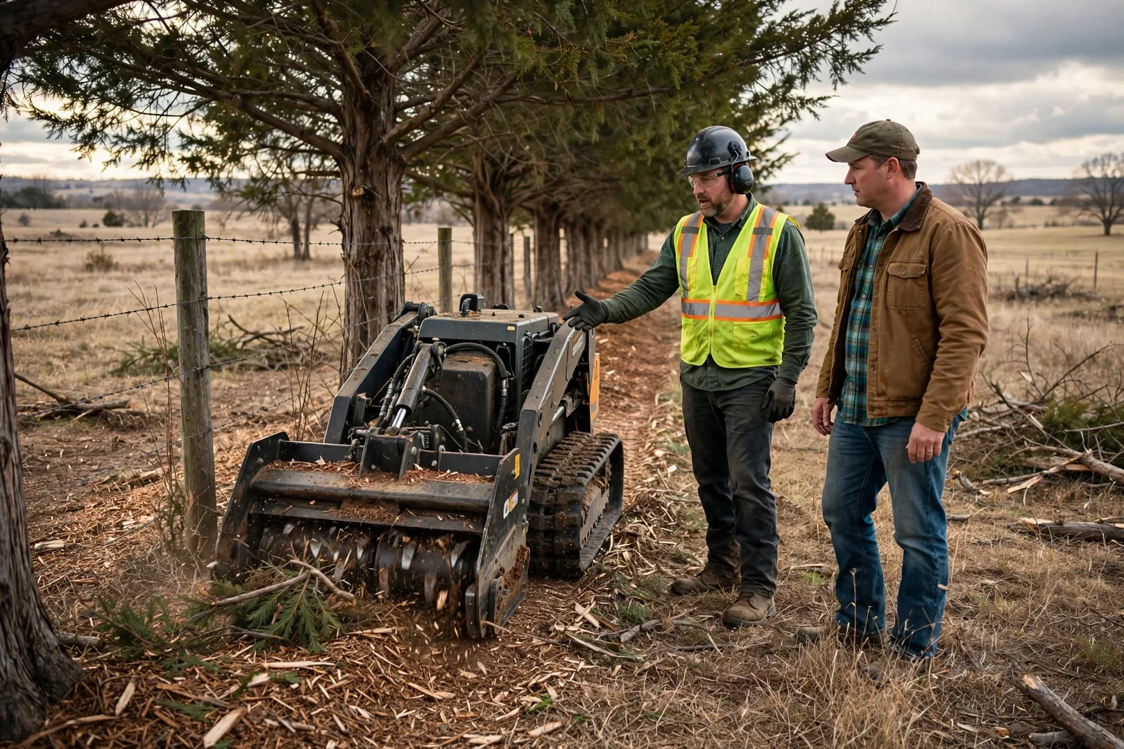Forestry mulcher working along a cedar-lined fence row on rural acreage