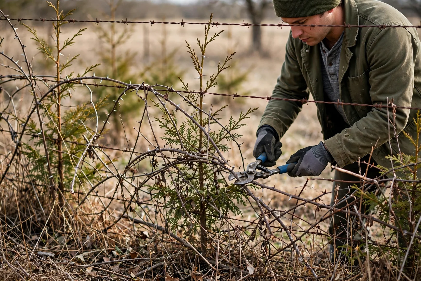 Close-up of tangled saplings and brush choking a pasture fence line