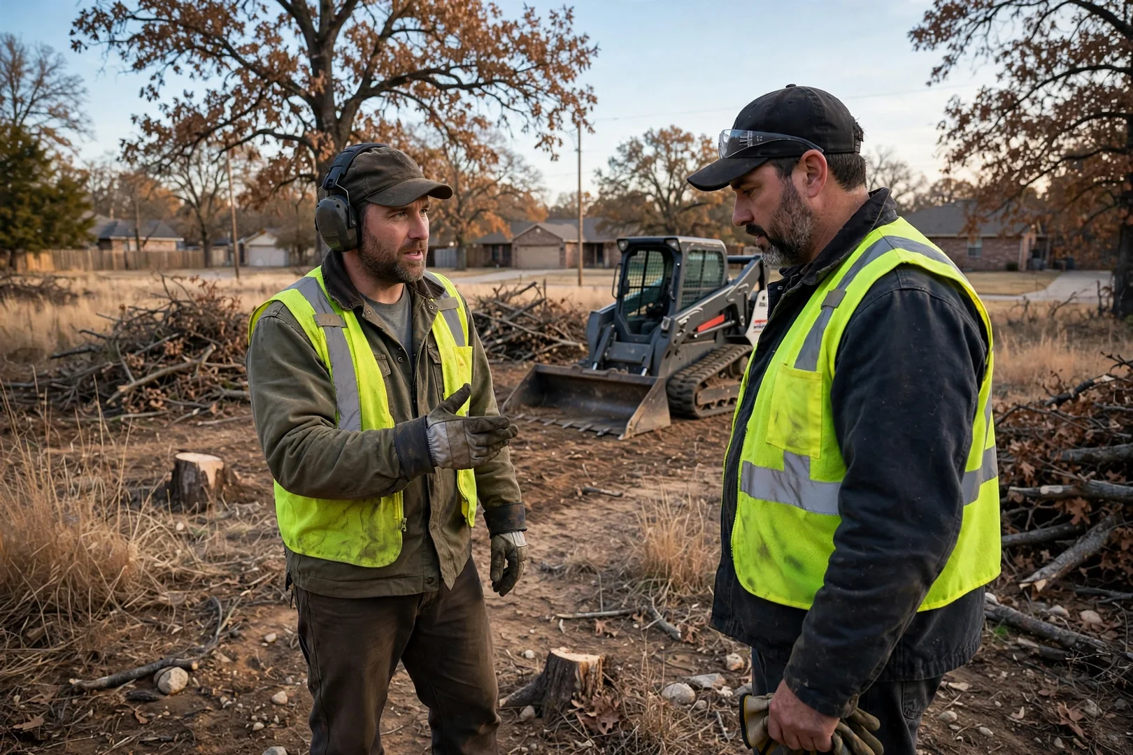 Land clearing crew member calling a Lawton customer