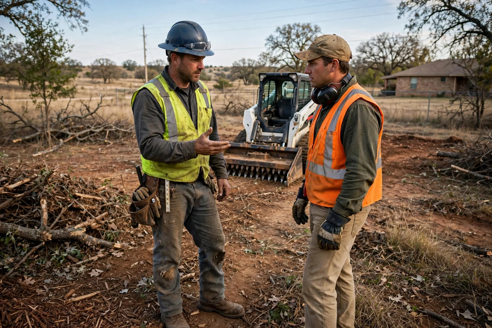 Land clearing crew organizing skid steer attachments and mulching equipment before a Lawton job