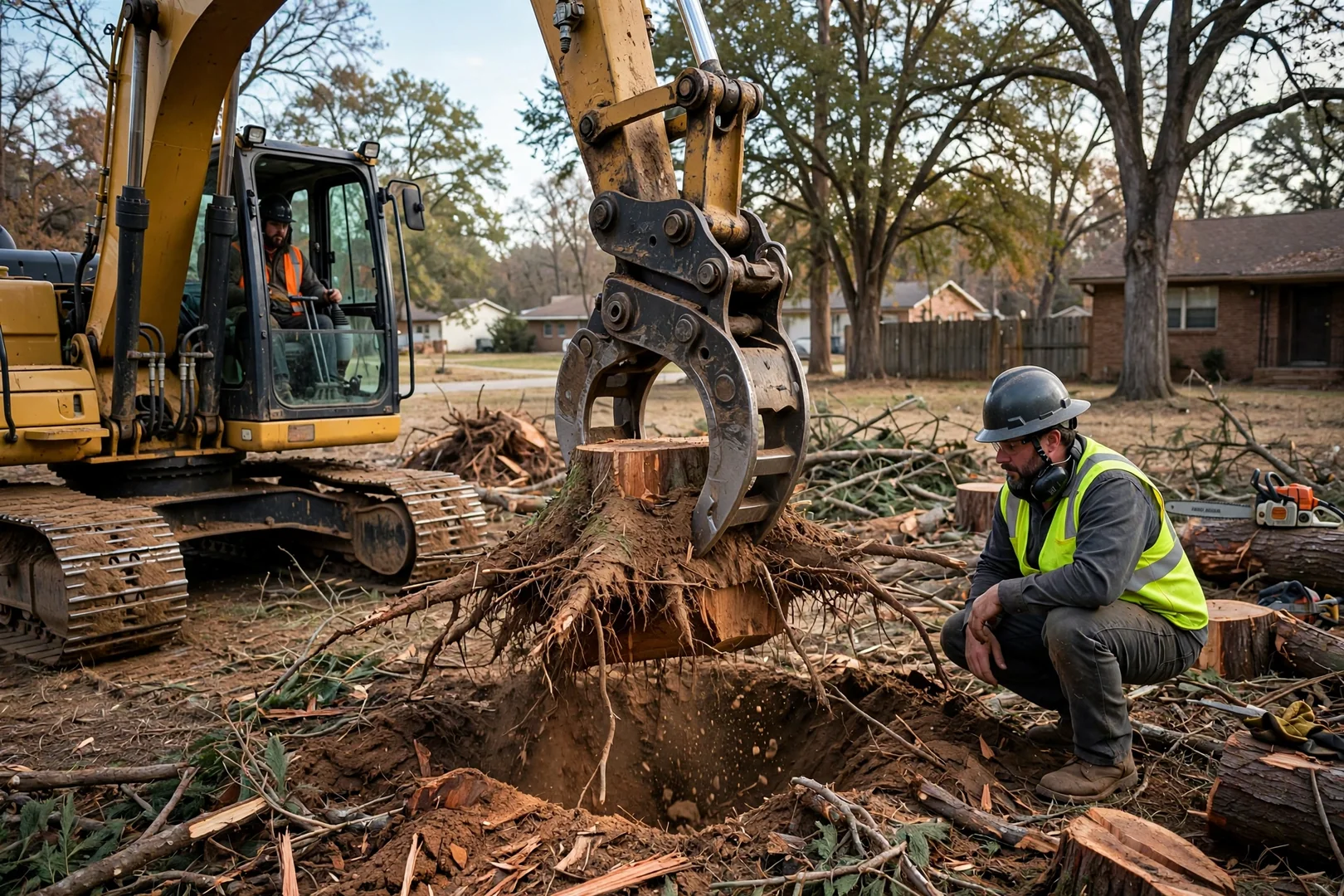 Excavator pulling cedar stumps during stump grubbing on a wooded residential lot
