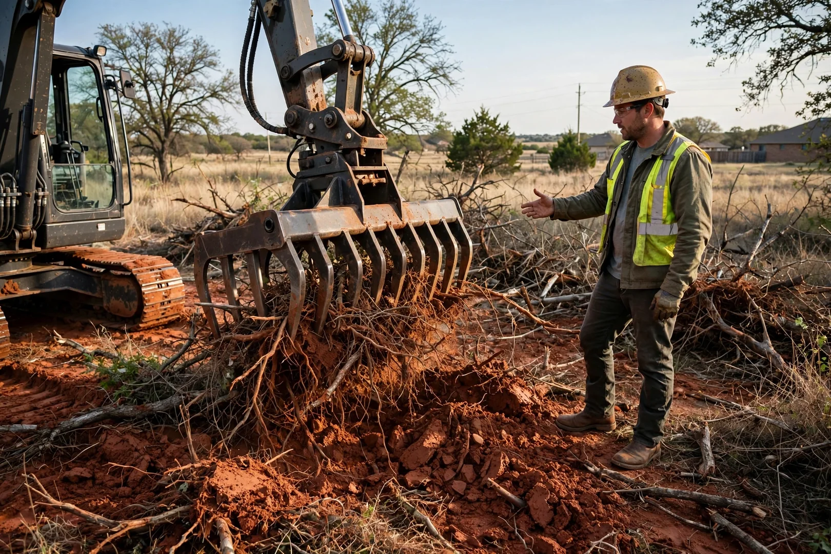Root rake attachment separating brush and roots from red clay soil